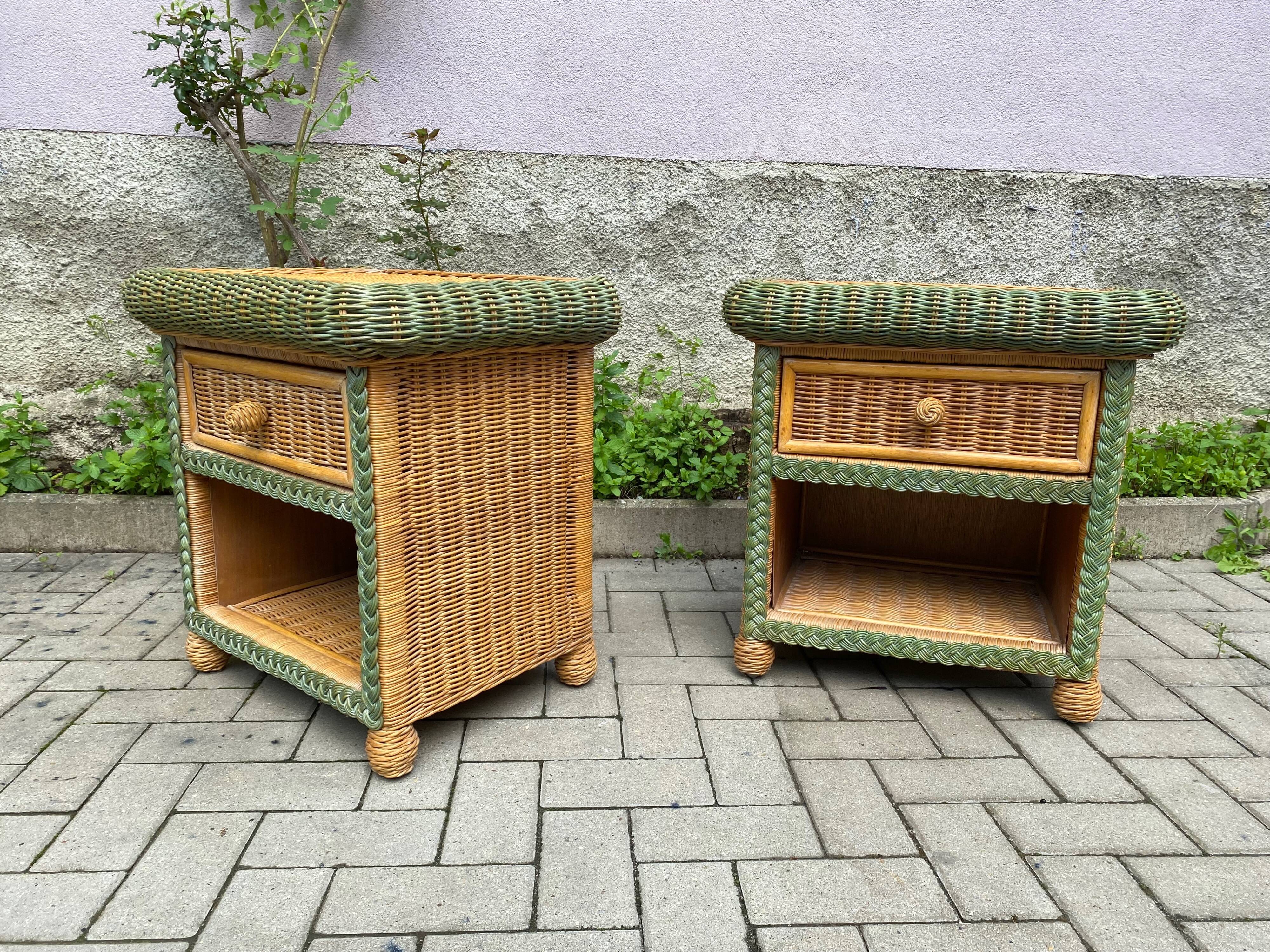 pair of bedside tables in rattan and wicker for rock bobois 1970