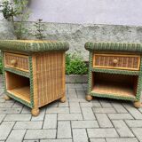 Paire de tables de chevet en rotin et osier pour roche bobois 1970