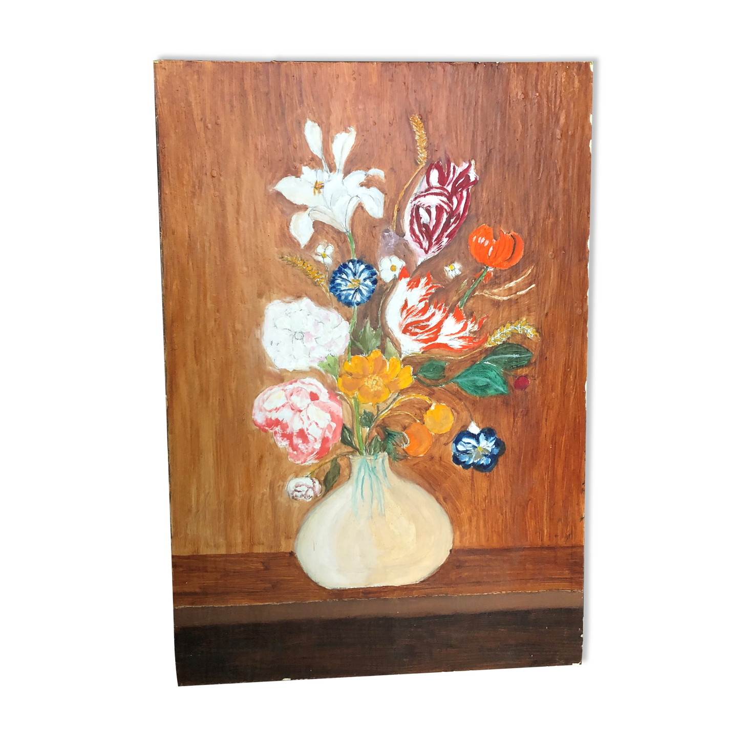 Huile sur panneau, nature morte au bouquet de fleurs