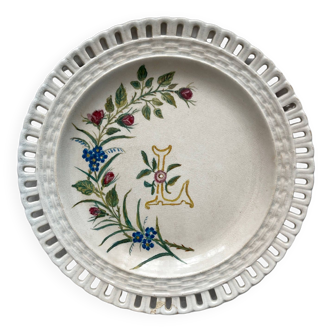 Openwork plate in fine, opaque Lunéville earthenware, flower painting dated 1887