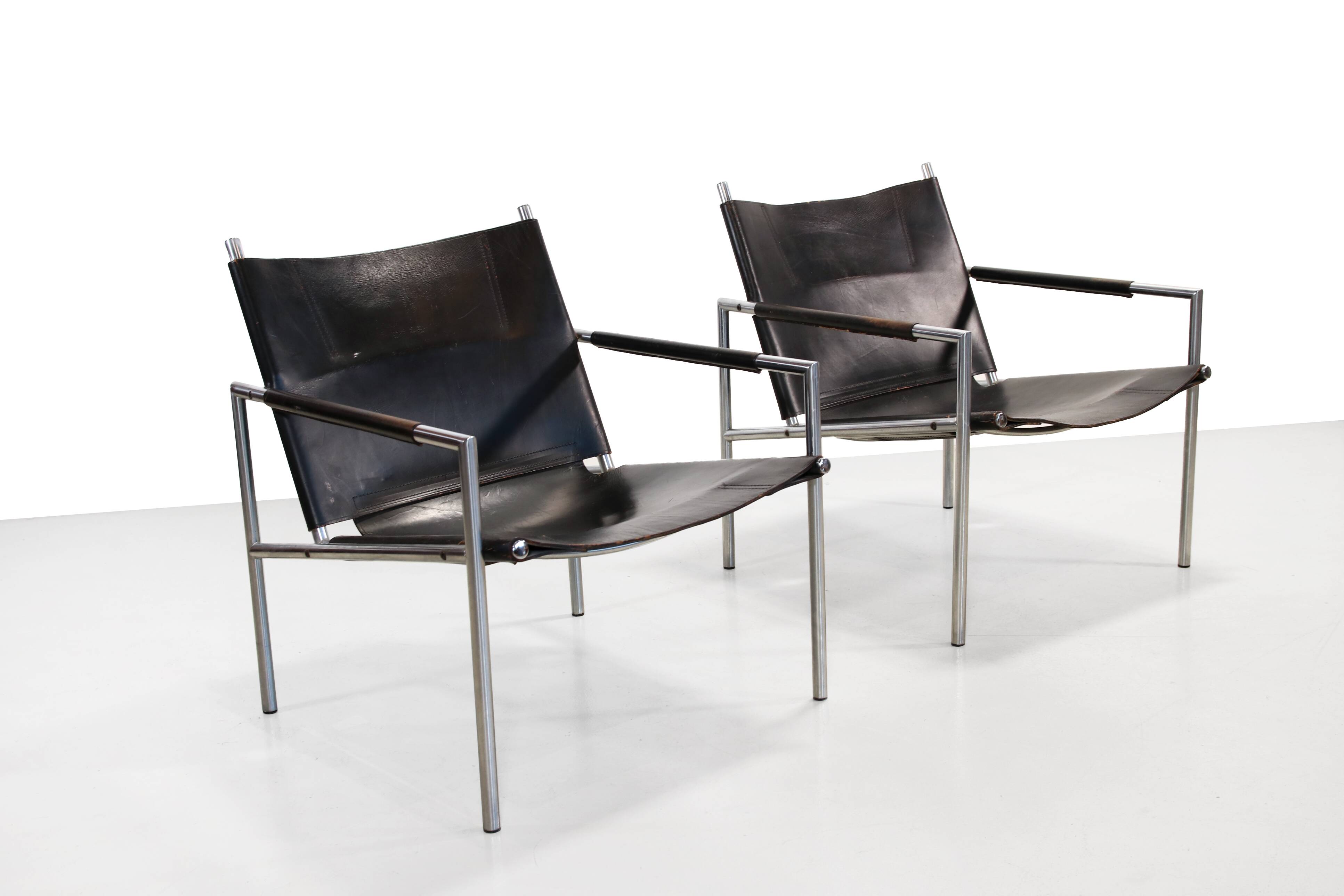 Set of black leather SZ02 armchairs by Martin Visser for t Spectrum