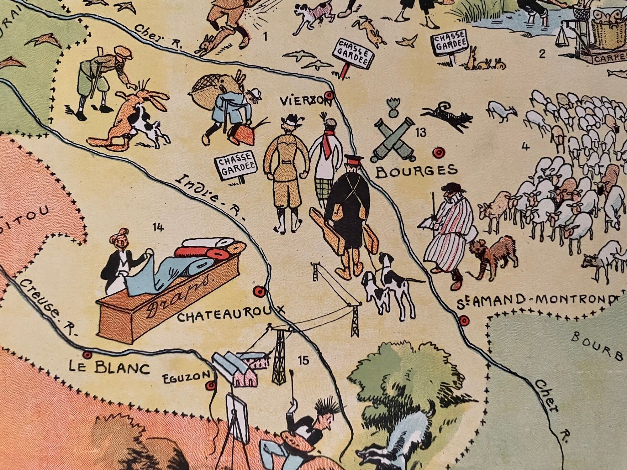 Old illustrated map of The Orleans Berry 1929 - JP Pinchon