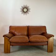 Old 2-seater leather and walnut sofa design 70s Mobil Girgi Mario Marenco vintage Italy