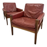 Fauteuils lounge danois vintage en palissandre et cuir. Années 1960.