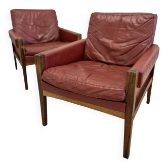 Fauteuils lounge danois vintage en palissandre et cuir. Années 1960.