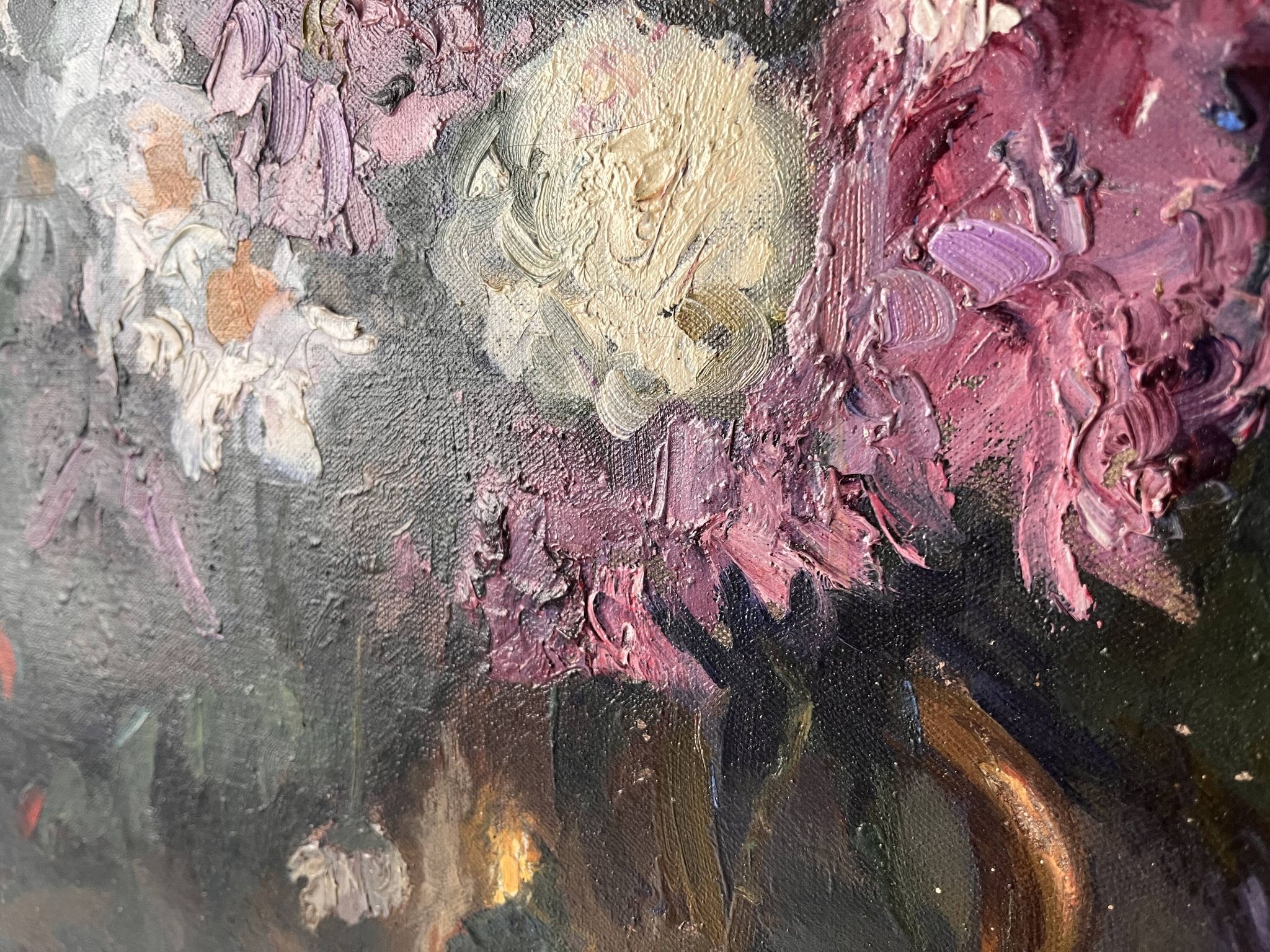Large oil on canvas of a still life with flowers 1929, antique painting.