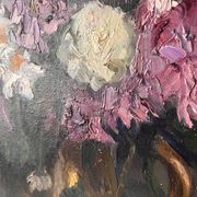 Large oil on canvas of a still life with flowers 1929, antique painting.