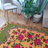 Gorgeous cross stitch floral carpet with red roses made by hand on heme Romania 148x196cm