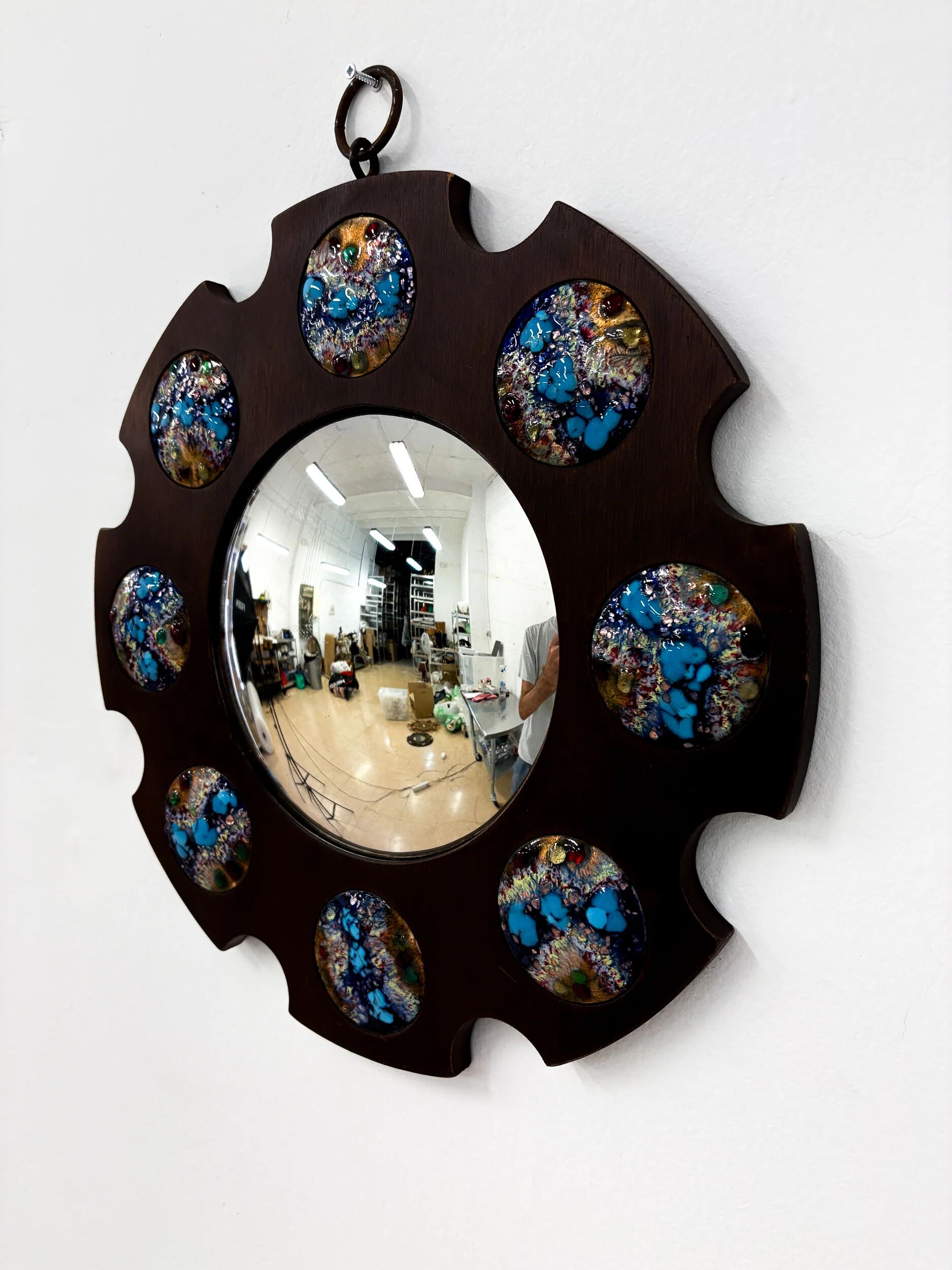 Modernist wood and enamel mirror by J. Capo Esmaltes, Spain, 1970s