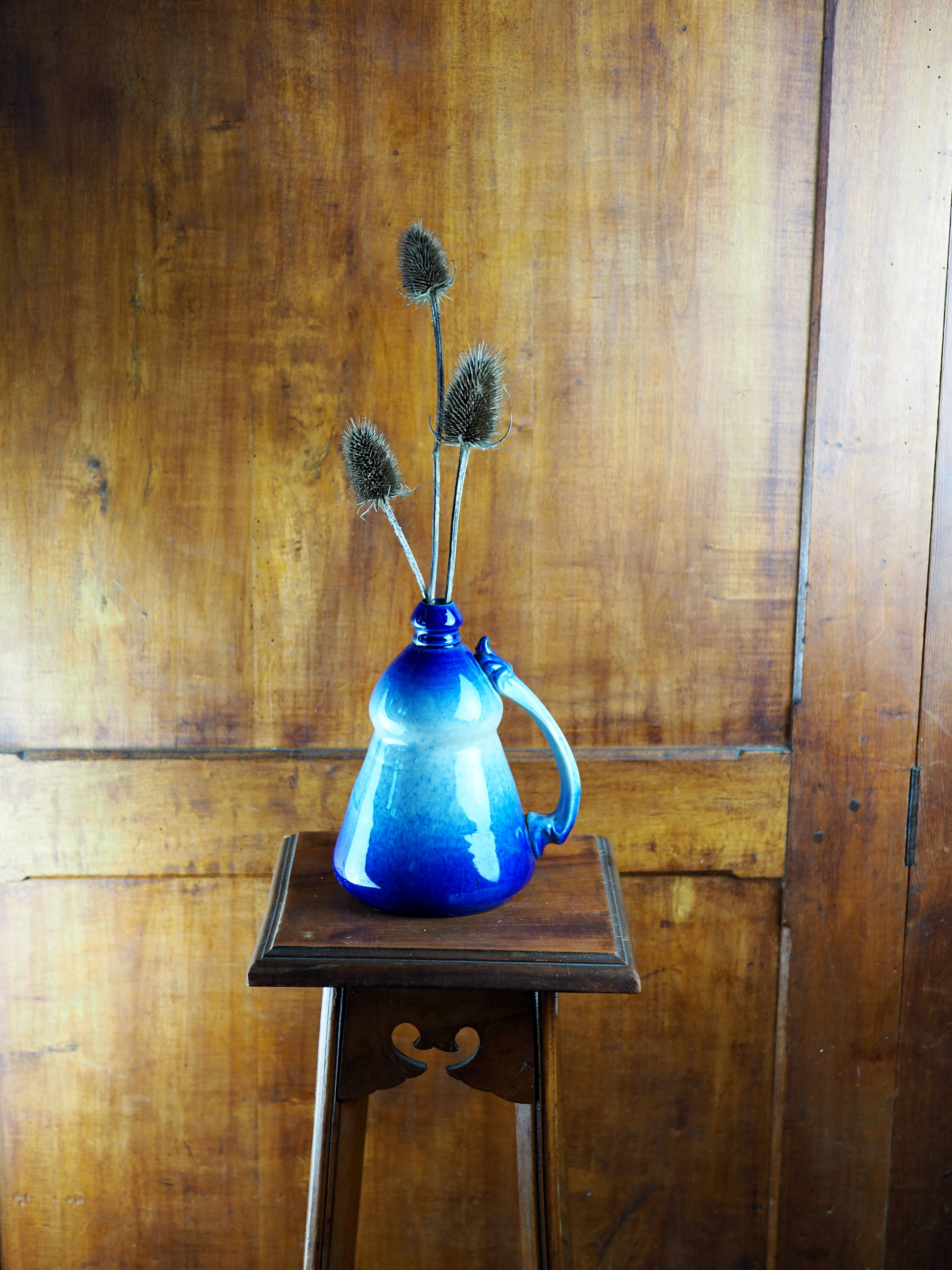 Conical jug with blue glaze and elaborate handle - folk art - early twentieth century
