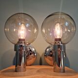 Pair of vintage wall lights in chromed metal and smoked glass, 70s