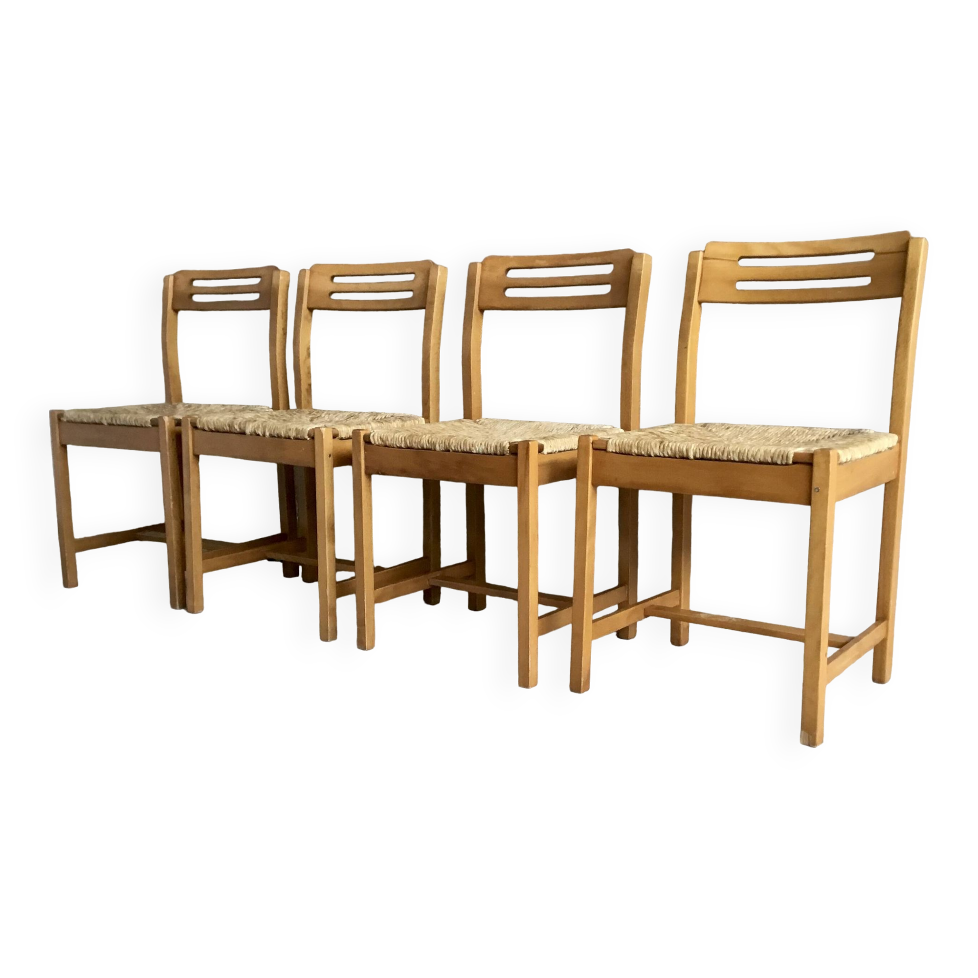 Set of 4 straw chairs in light wood - design 1970