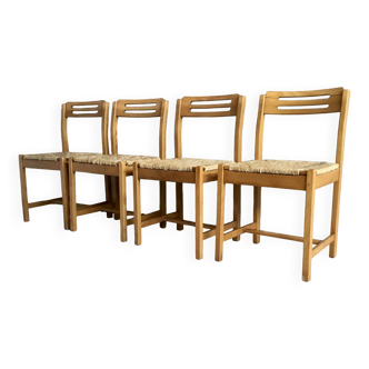 Serie de 4 chaises paillées en bois clair - design 1970