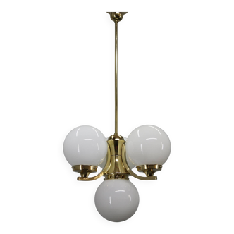 Art Deco brass chandelier with opaline glass, Czechoslovakia, 1930s
