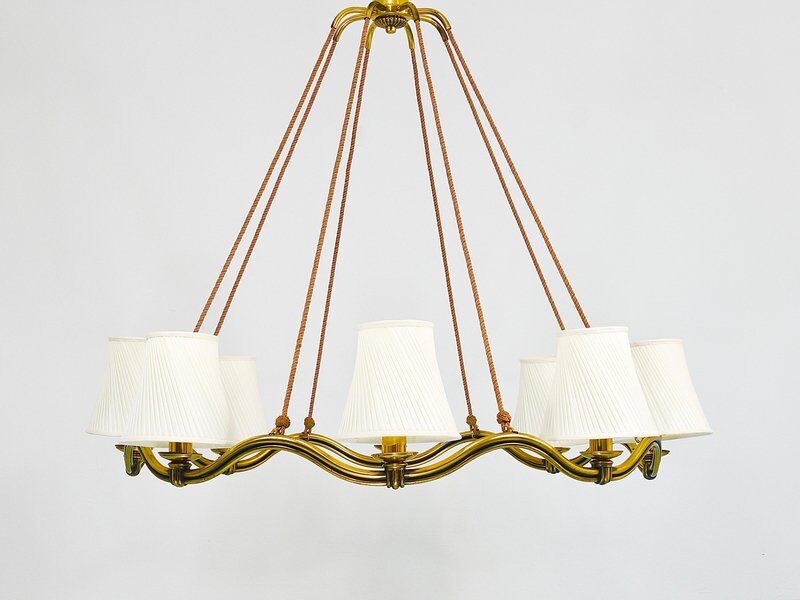 Large Viennese Modernism curved brass wave chandelier by Hugo Gorge, 1940s
