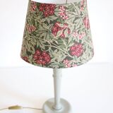 Vintage table lamp, wooden base and antique printed lampshade