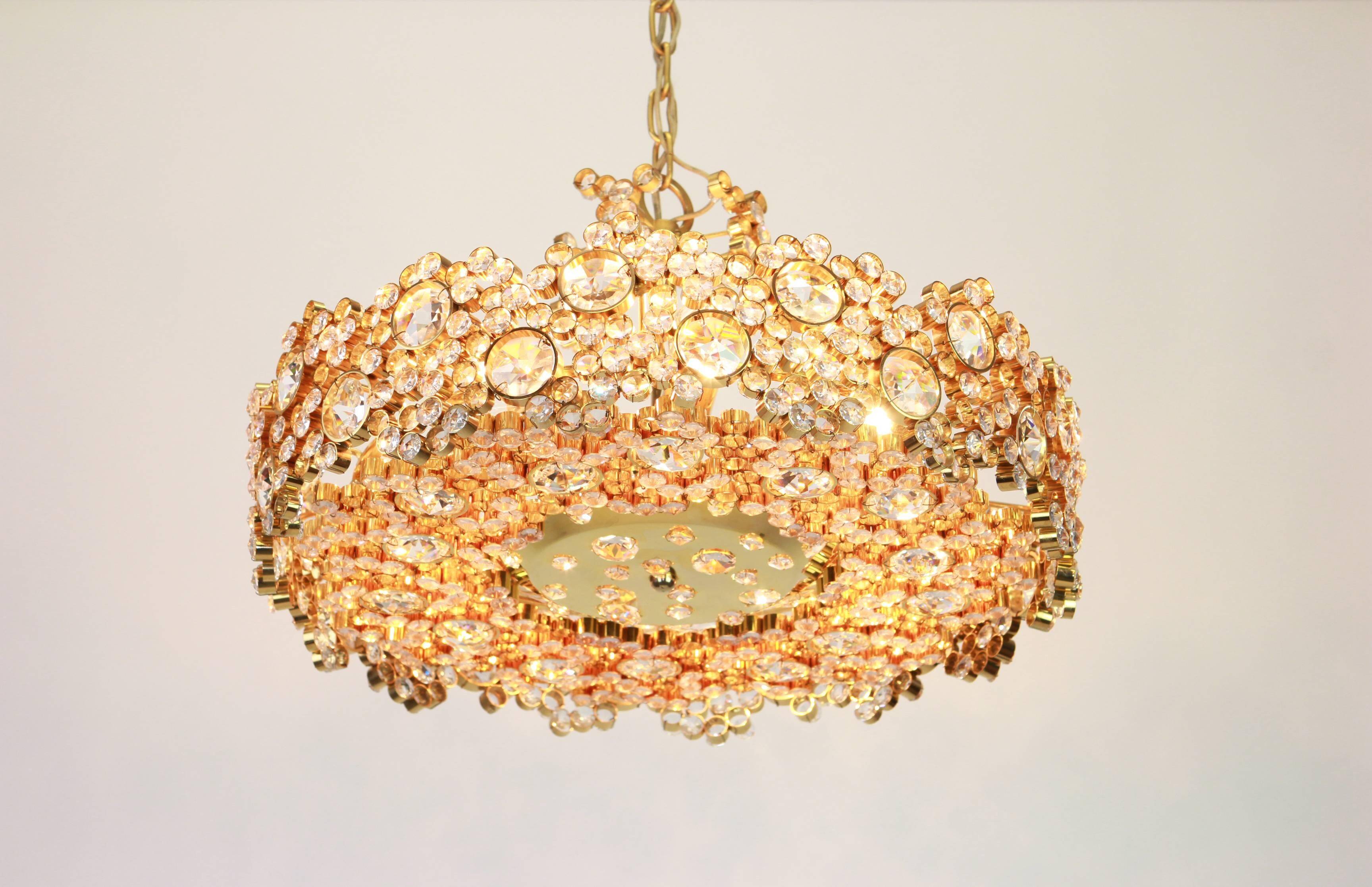 Golden brass chandelier with crystal glass inlays by Palwa, Germany, 1970s.