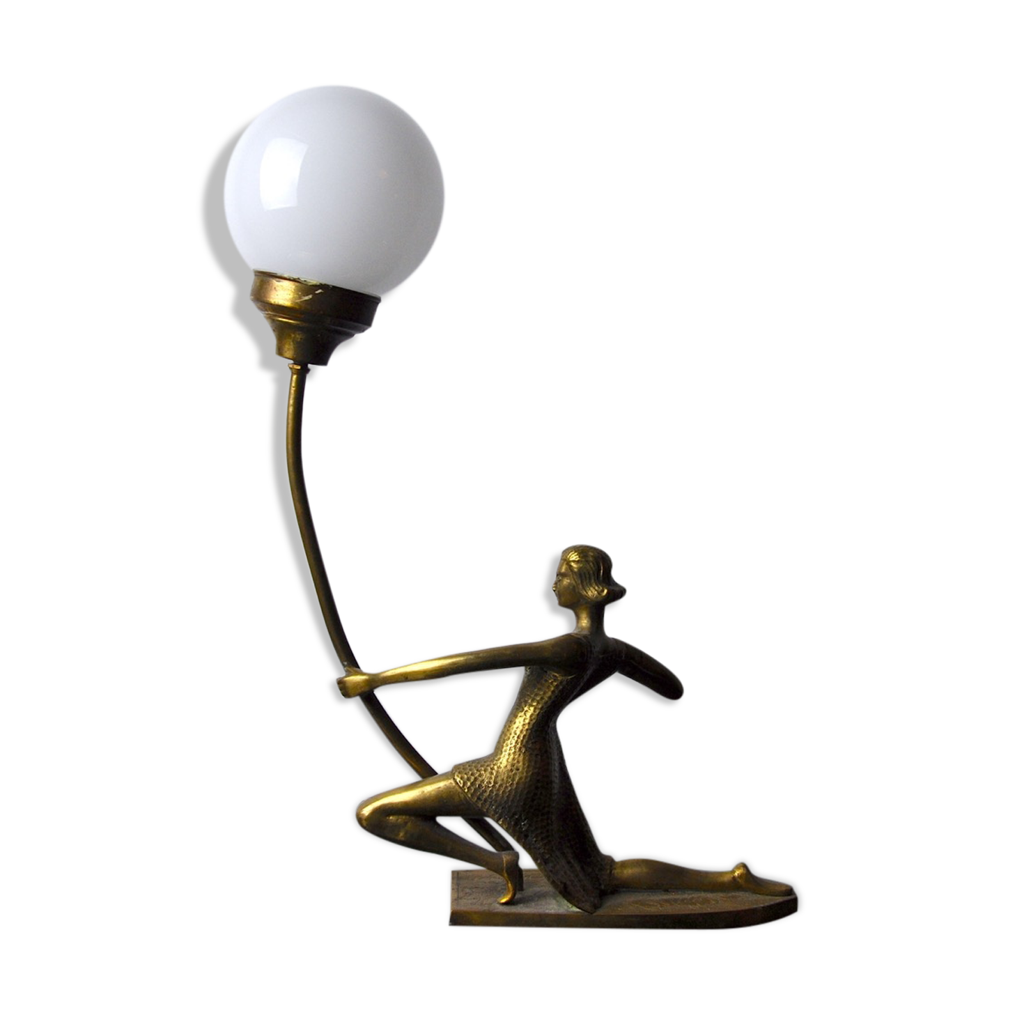 "Woman with the Bow" lamp, Laiton and Opaline, France, midcentury