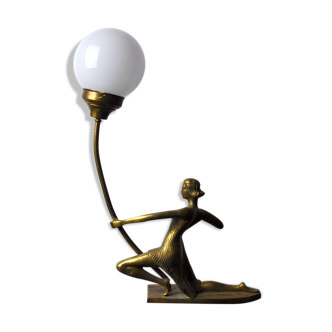 "Woman with the Bow" lamp, Laiton and Opaline, France, midcentury