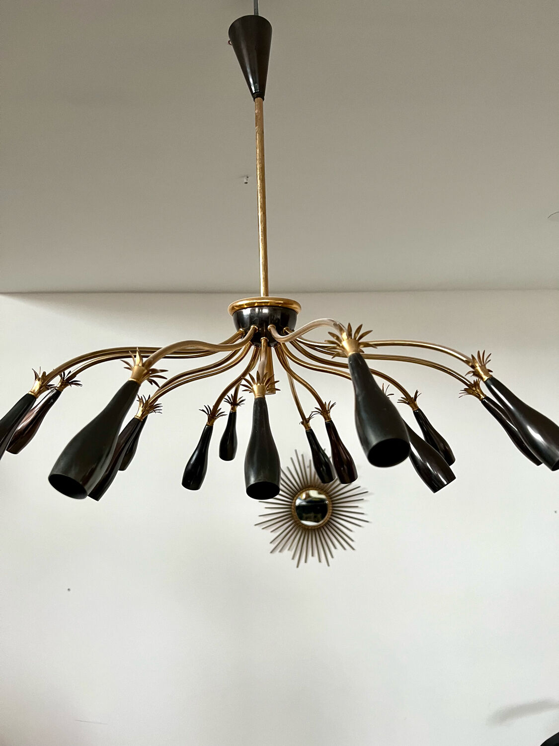 Old spider chandelier Italian metal, vintage Sputnik lamp 15 lights