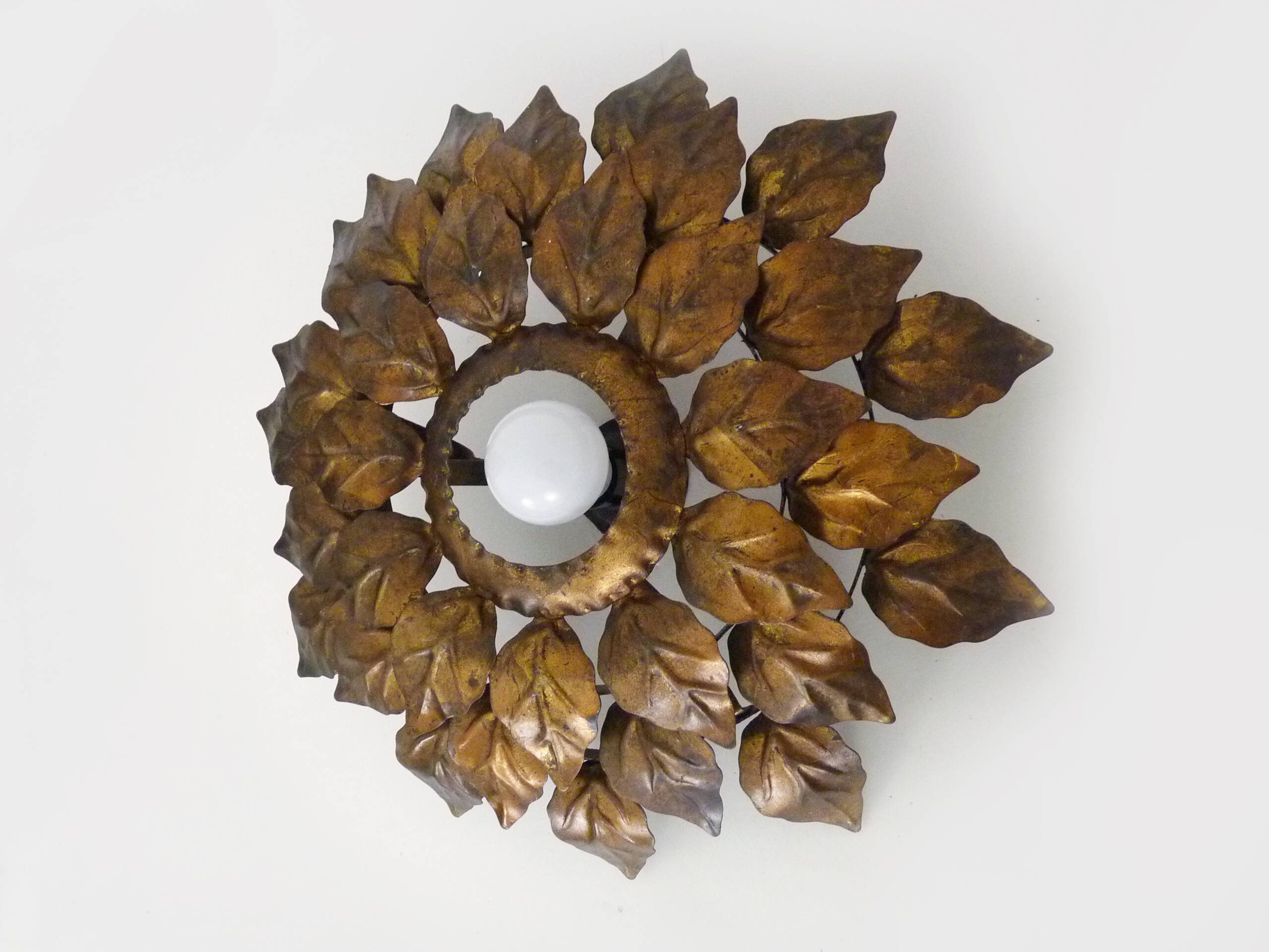 Sun ceiling light, foliage ceiling light in gold metal, vintage ceiling light. 70s