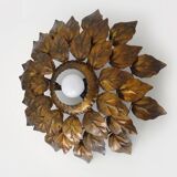 Sun ceiling light, foliage ceiling light in gold metal, vintage ceiling light. 70s