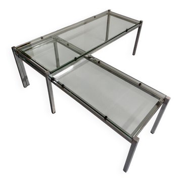 2 grandes tables basses gigognes en chrome et verre design années 1970