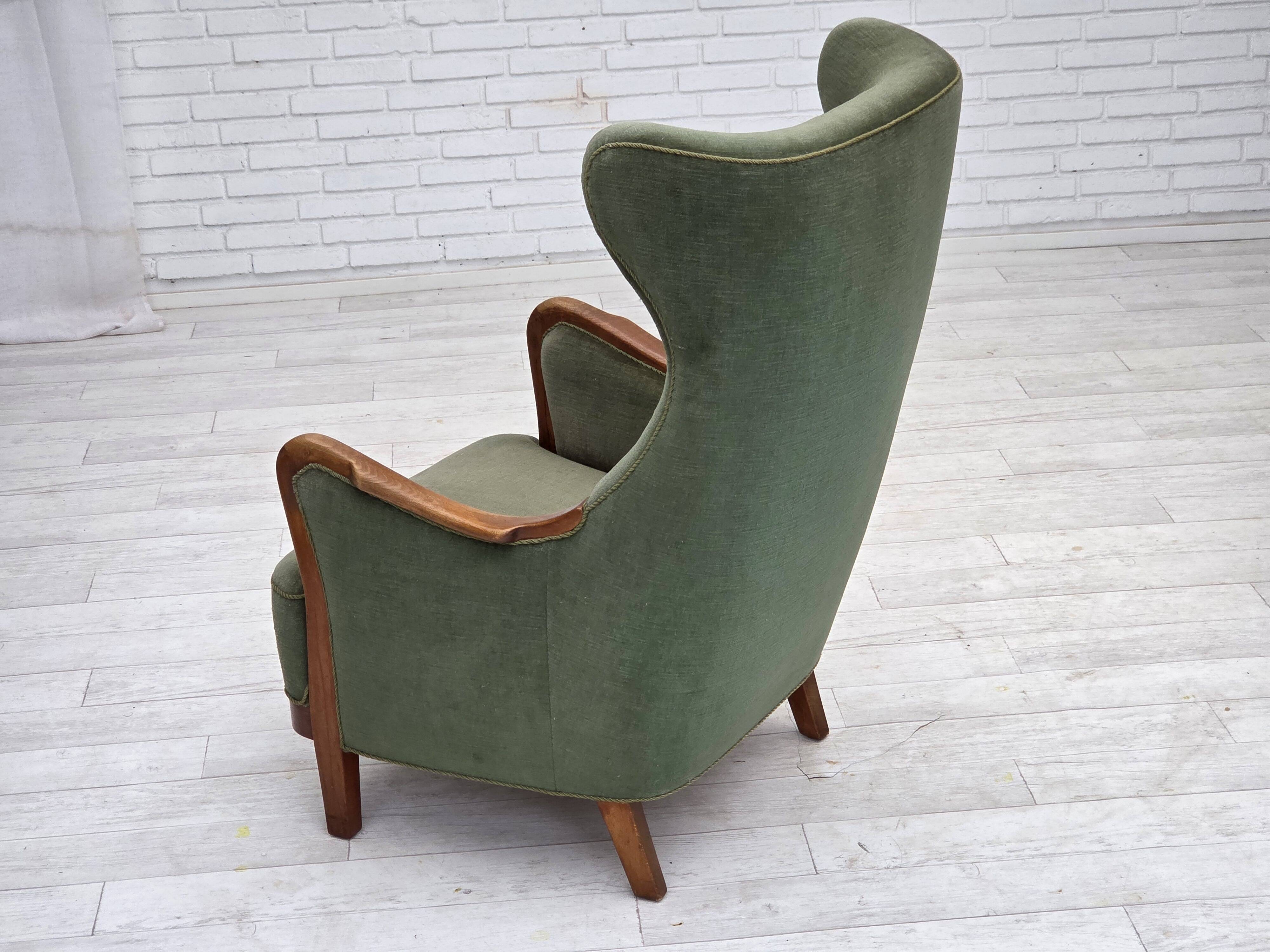 1960s, Danish highback armchair, green furniture velour, teak wood.