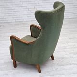 1960s, Danish highback armchair, green furniture velour, teak wood.