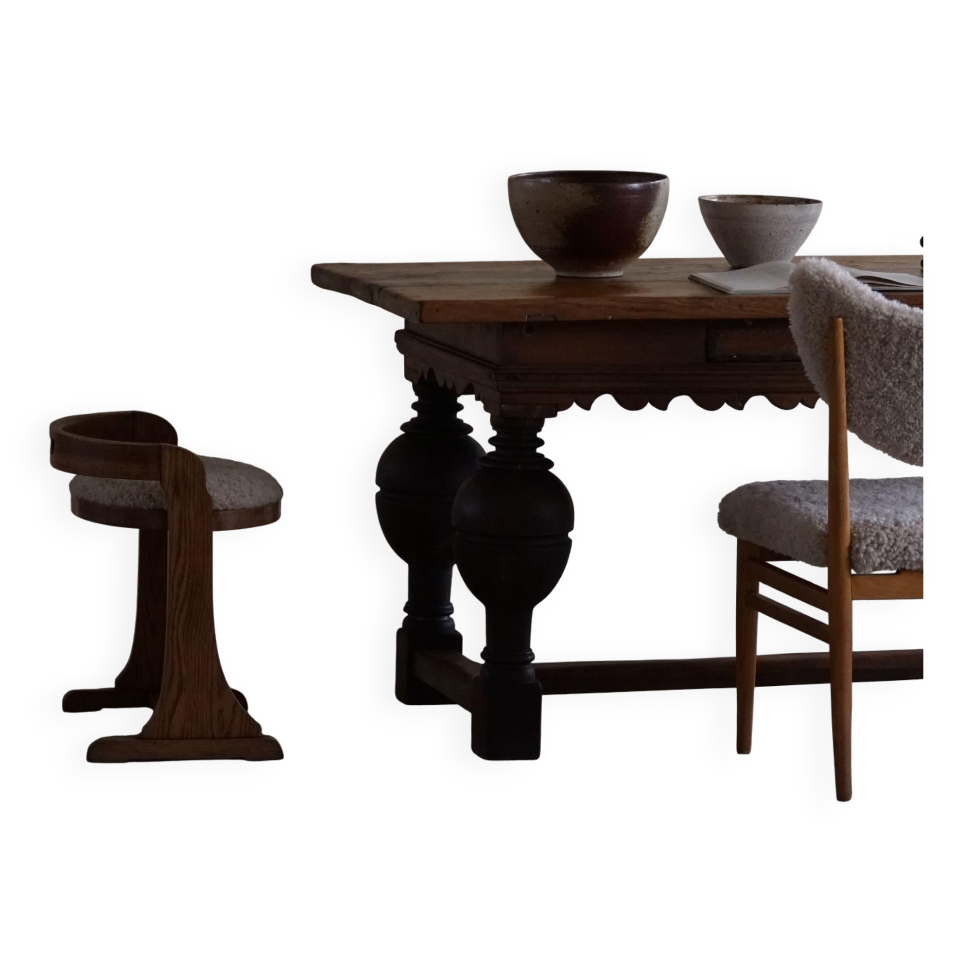 19th-century baroque dining table/desk in oak, Danish cabinetmaker.