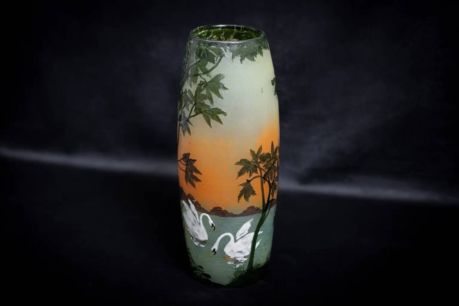 Large Legras Art Nouveau vase in acid-etched glass | Swan Lake