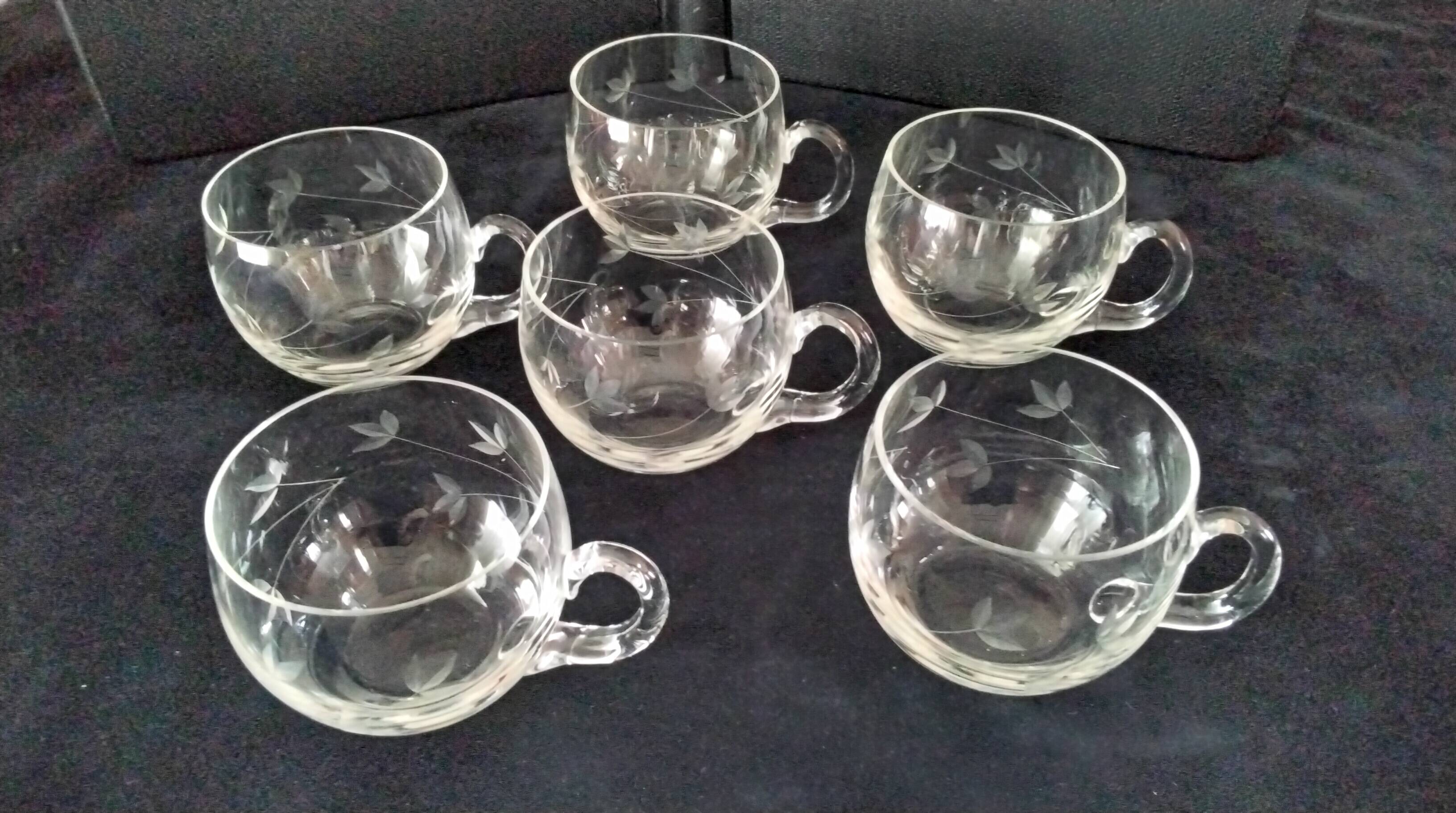 6 engraved glass punch bowls or cups