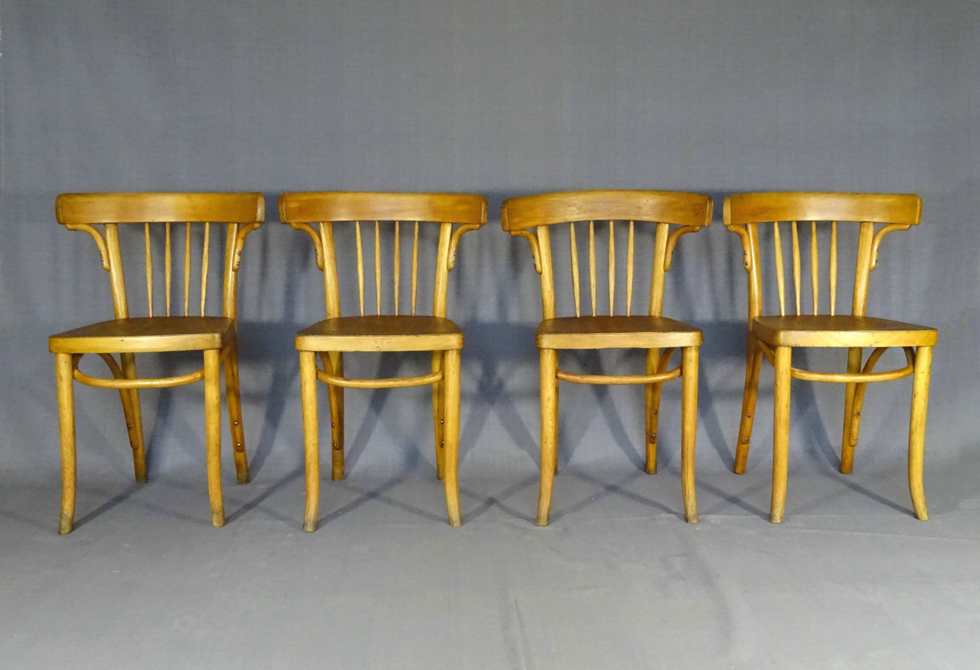 Série de 4 chaises Thonet Art déco bistrot blondes 1930