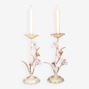 Pair of vintage french toleware beige candlestick holders with lily & roses 4246