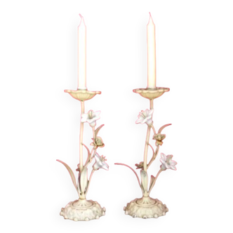 Pair of vintage french toleware beige candlestick holders with lily & roses 4246