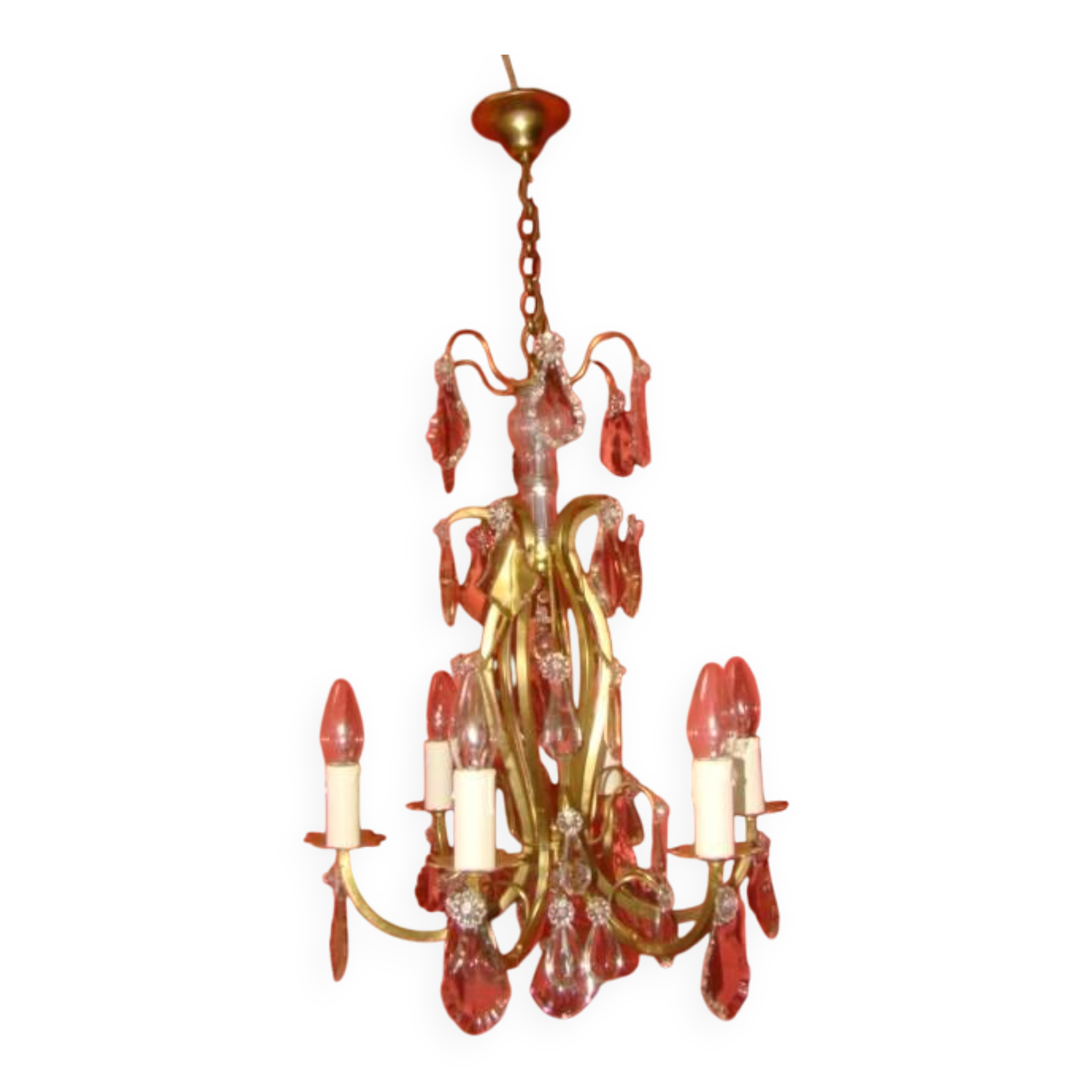 lustre à pampilles type cage à 6 bras de lumière époque début 20 ème
