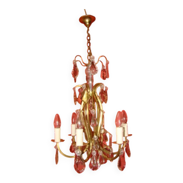 lustre à pampilles type cage à 6 bras de lumière époque début 20 ème