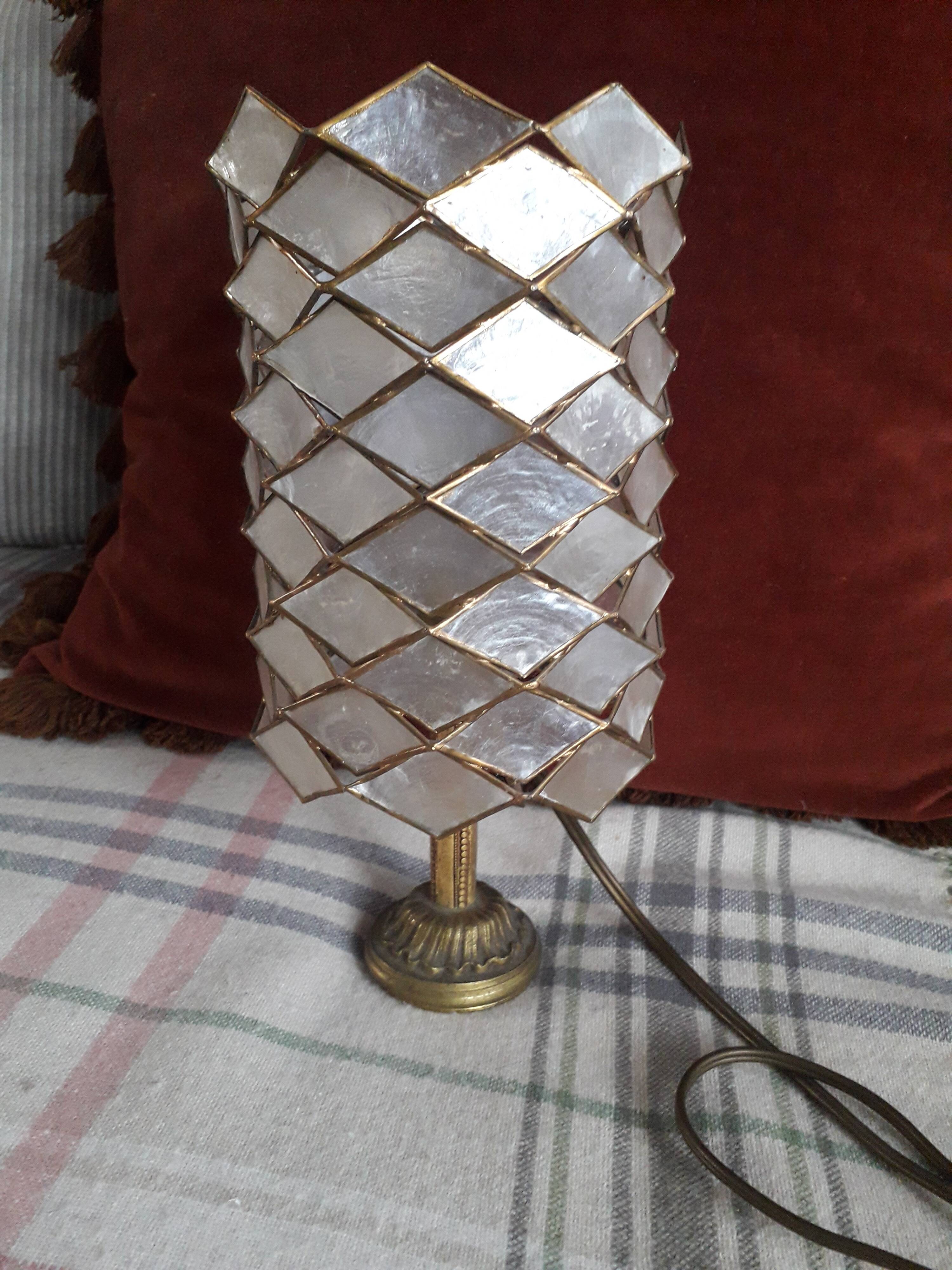 Very original vintage metal lamp with its mother-of-pearl lampshade