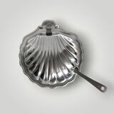 Vintage shell butter dish in stainless steel and cobalt blue glass with knife