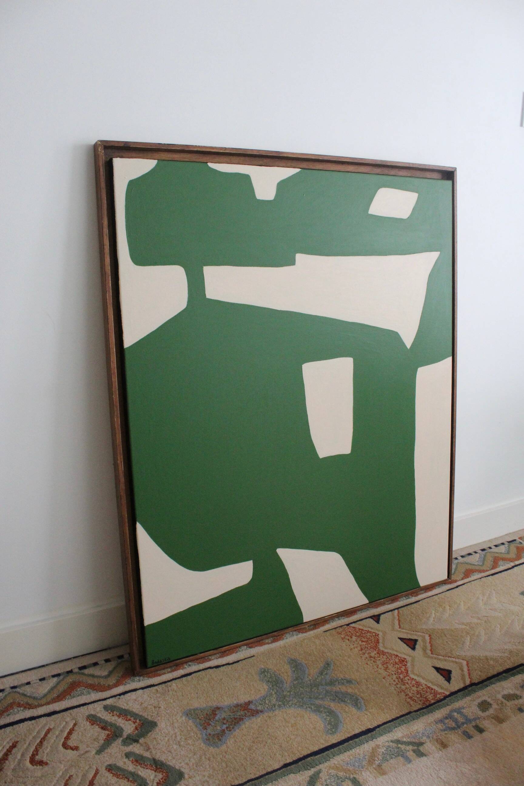 Organic abstract on green and beige canvas 100x81cm