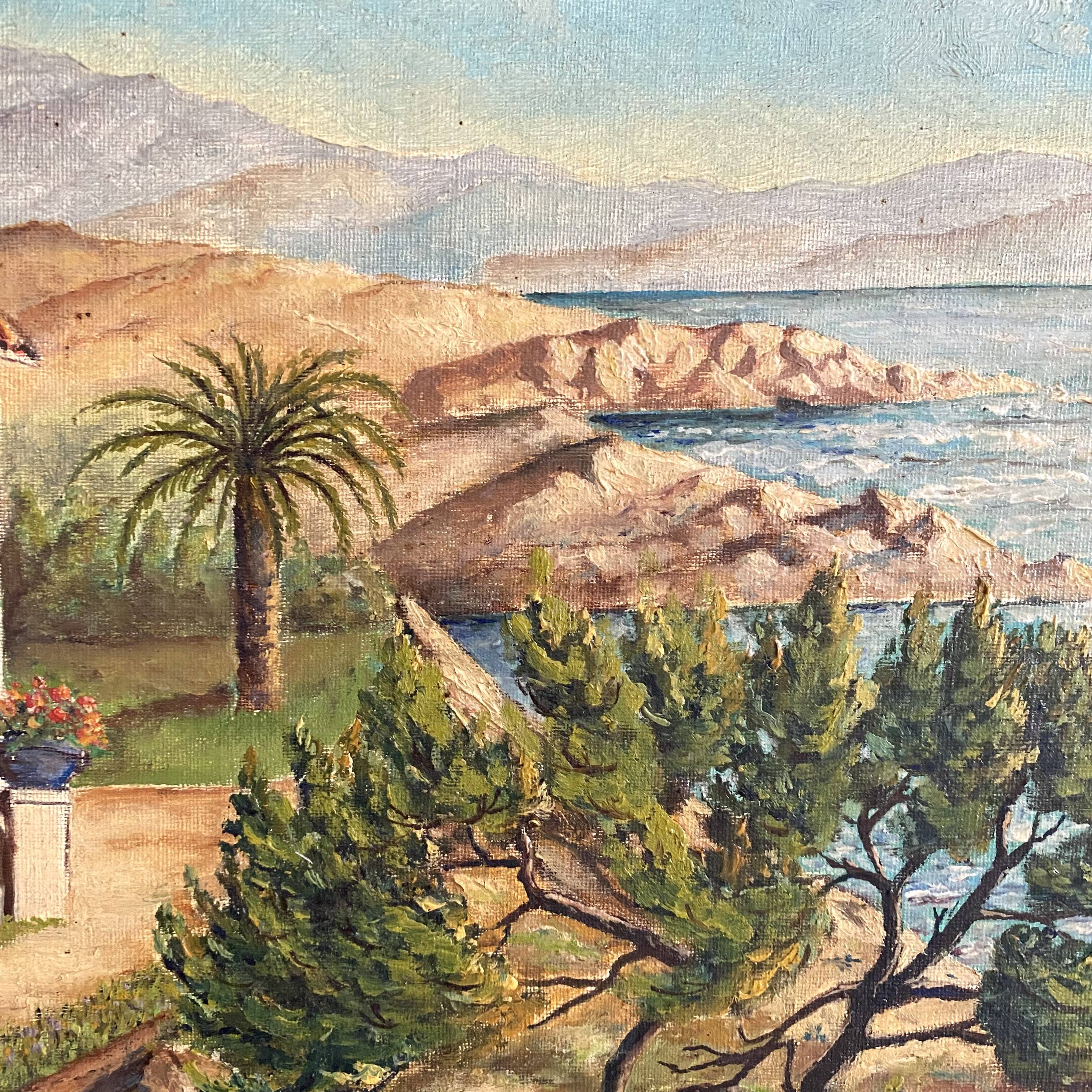 Seaside painting of the Mediterranean, oil on cardboard signed A. Alauzen.