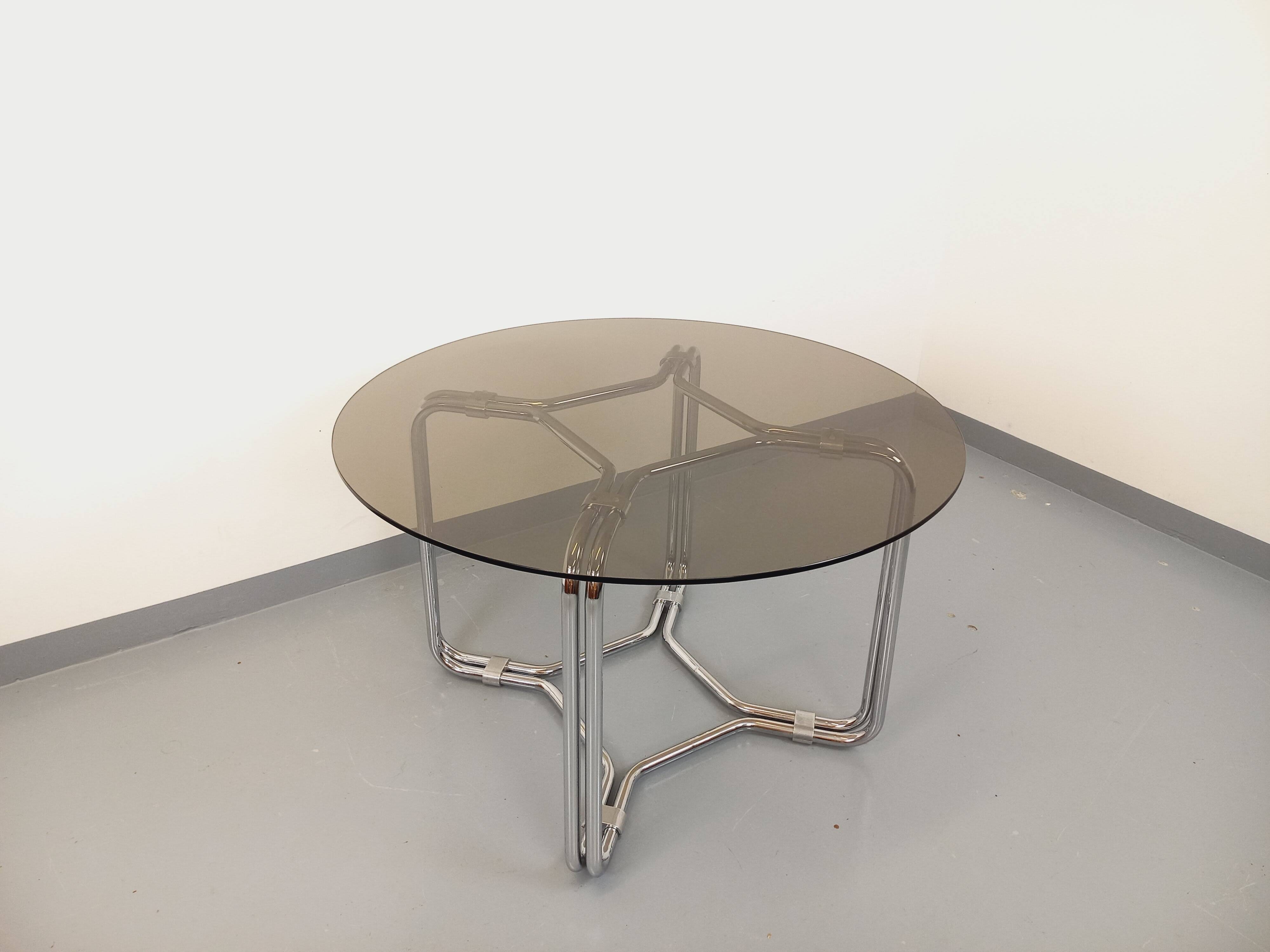 Vintage round dining table in smoked glass and chrome metal