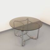 Vintage round dining table in smoked glass and chrome metal