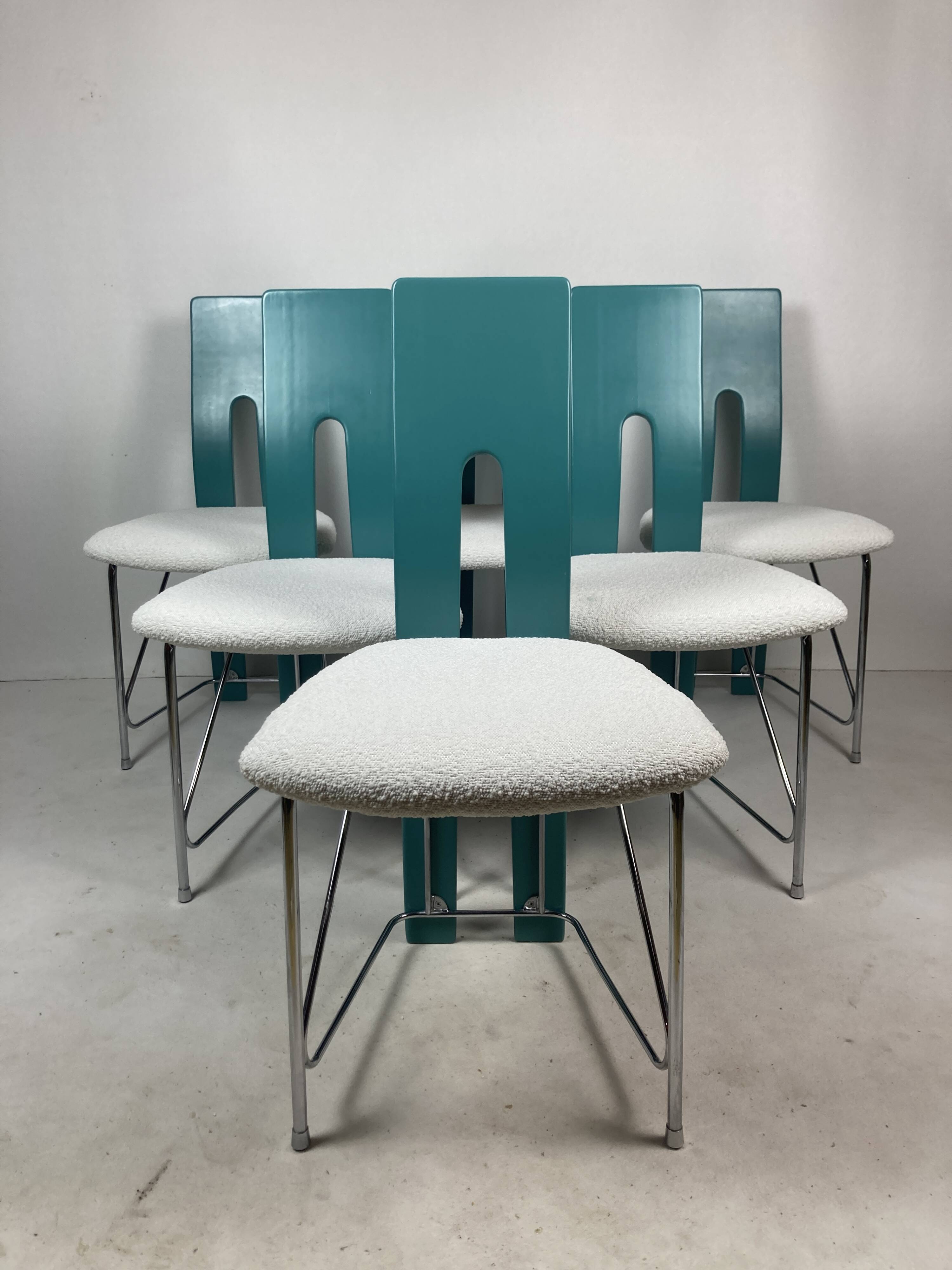 Set of 6 Memphis dining chairs in bouclé, 1980s
