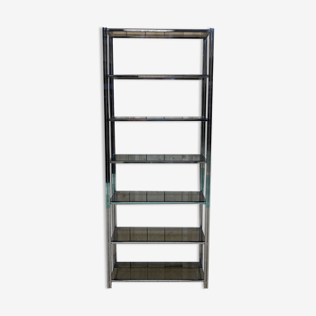 Italian shelf of the 1970s in chrome-plated steel and smoked glass