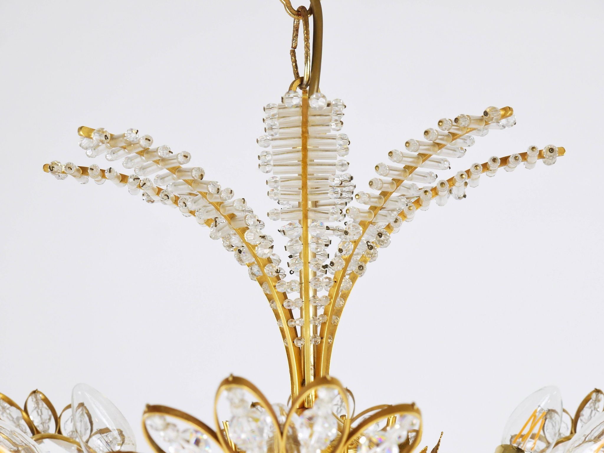 Ernst Palme Grand Chandelier Palm Tree Flower Palwa, Gilded Brass, Crystals, 1970s