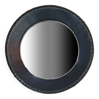 Round mirror from the 50s in leather Jacques ADNET