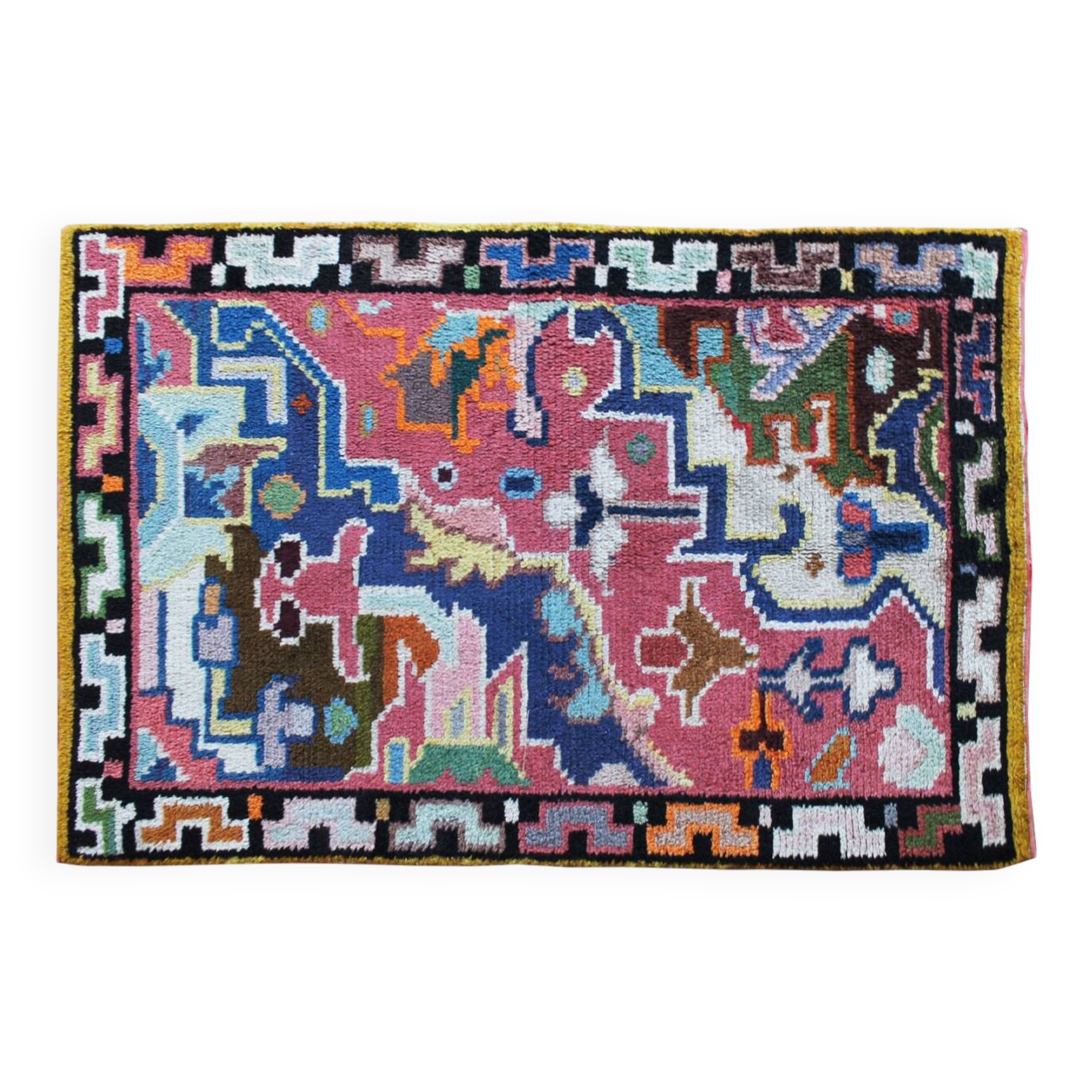 1960s Wool Rug with Vibrant Geometric Abstract Pattern