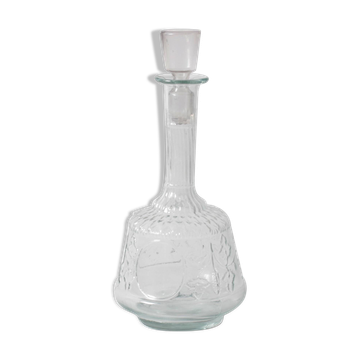 Bouteille de vin en verre pressé clair avec motif floral et bouchon / Italie / 1930