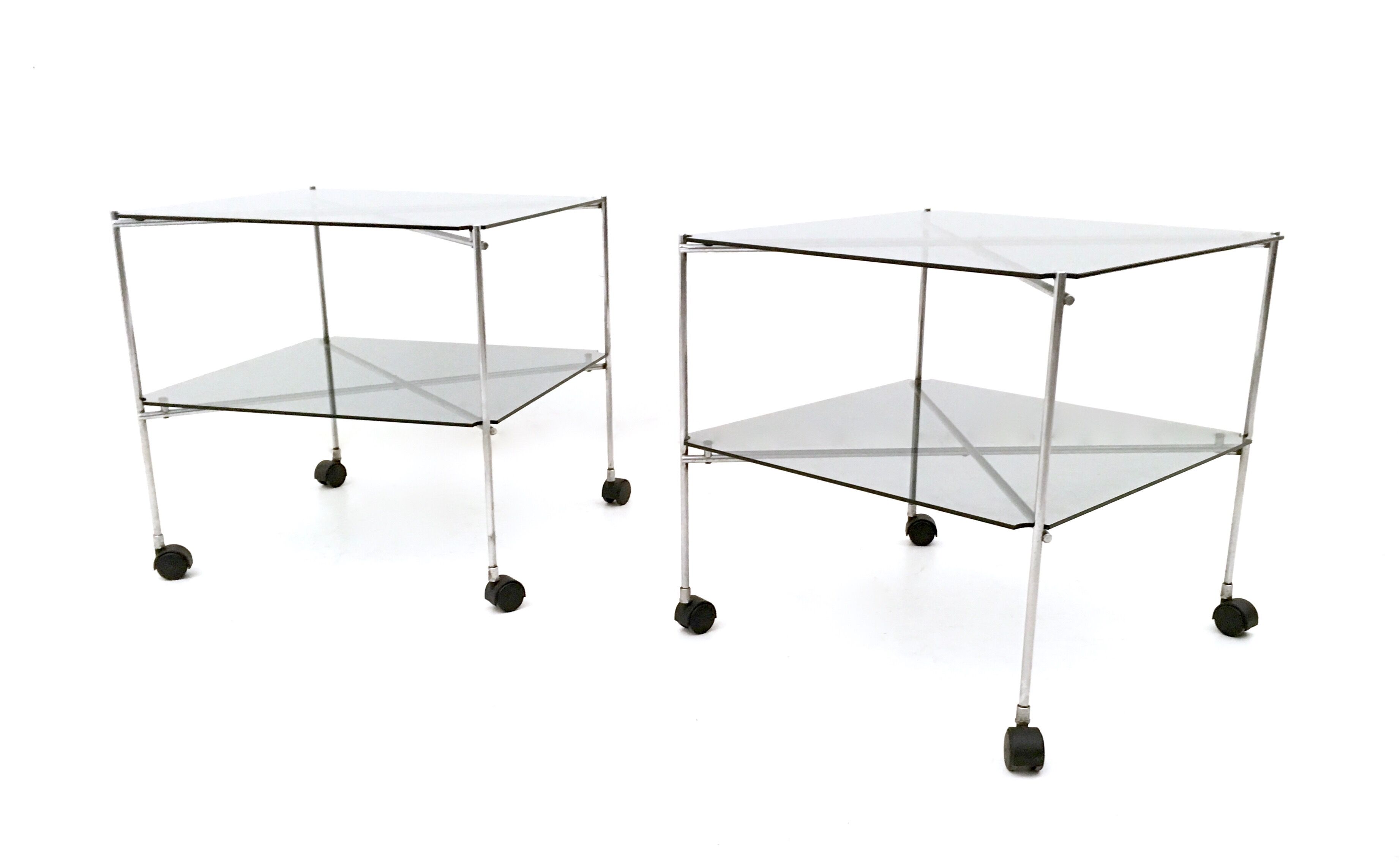 Pair of Postmodern Glass Carts Mod. Biplano by Bruno Munari for Robots, Italy